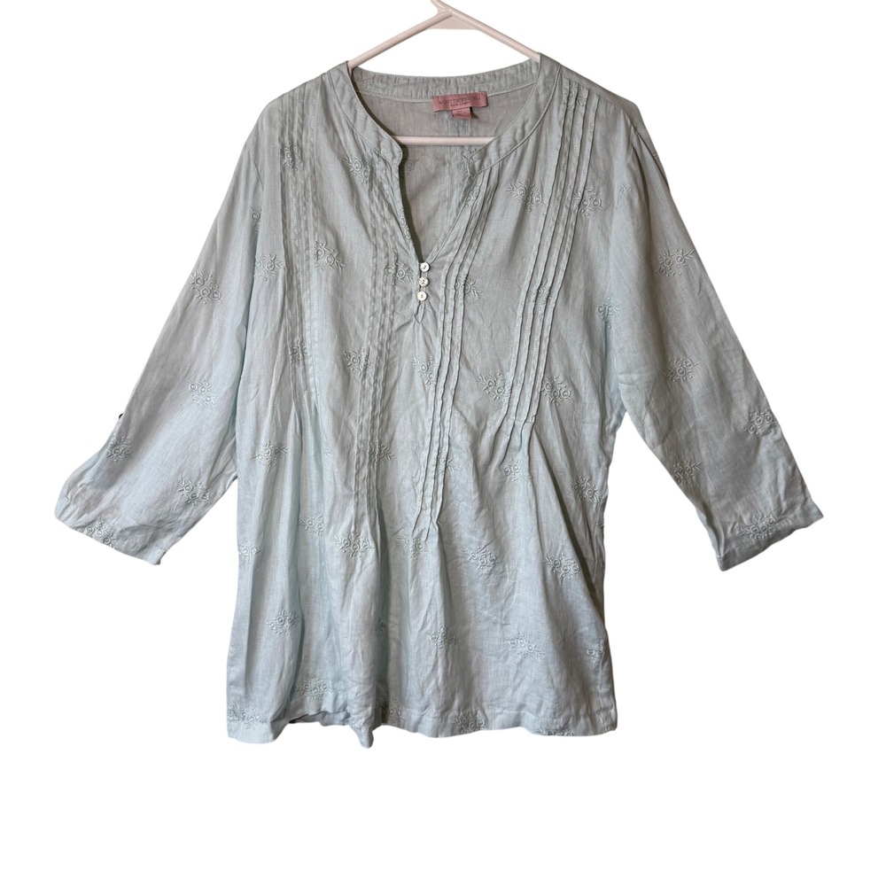 Saint Tropez West Womens Light Blue 100% Linen Embroidered Pintuck‎ Tunic Top L